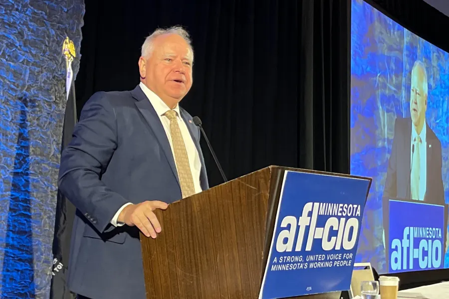 A photo of Governor Tim Walz addressing the 2022 Minnesota AFL-CIO Constitutional Convention