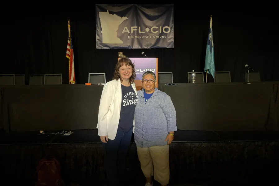 Photo of Minnesota AFL-CIO Secretary-Treasurer Bethany Winkels (left) and President Bernie Burnham (right)
